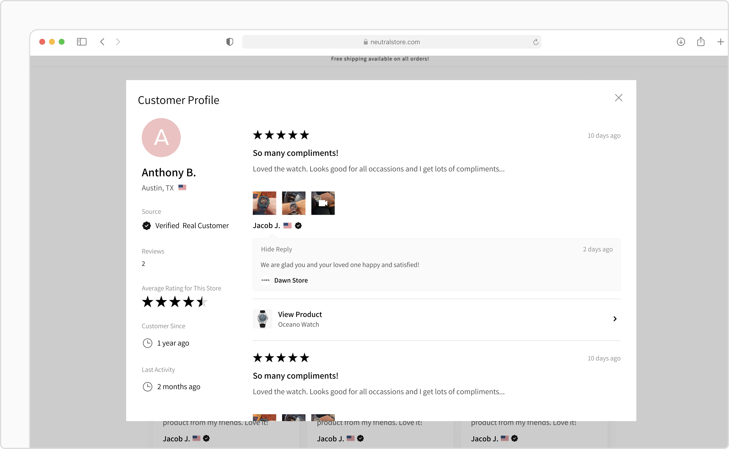 New Fera reviewer profile modal.